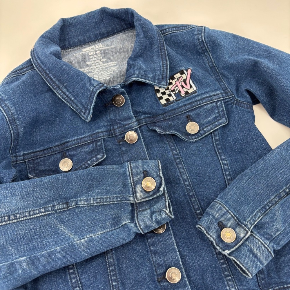 MTV Kids Denim Jacket Size M(7-8) Blue Checkerboard Graphic‎ 90's Style Retro
